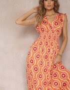  Rochie Cloș Portocalie din Viscoză cu Imprimeu Fantezist Karlene