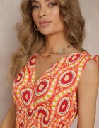  Rochie Cloș Portocalie din Viscoză cu Imprimeu Fantezist Karlene