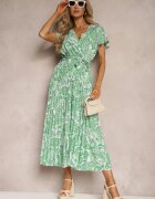  Rochie Cloș Verde cu Decolteu Triunghiular cu Cordon din Material și Elastic în Talie Carimi