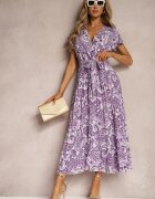  Rochie Cloș Violet cu Decolteu Triunghiular cu Cordon din Material și Elastic în Talie Carimi