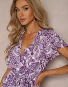  Rochie Cloș Violet cu Decolteu Triunghiular cu Cordon din Material și Elastic în Talie Carimi