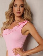  Rochie de Bumbac Roz pe Un Umăr cu Volan Decorativ Nananis