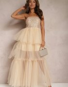  Rochie de Seară Bej Maxi Decorată cu Paiete și Volane din Tul Neptina