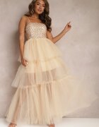  Rochie de Seară Bej Maxi Decorată cu Paiete și Volane din Tul Neptina