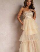  Rochie de Seară Bej Maxi Decorată cu Paiete și Volane din Tul Neptina