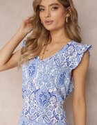  Rochie Dreaptă Albastră Mini Cu Imprimeu Floral Cu Volane și Curea Suplimentară Jozelin