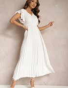  Rochie Evazată Albă cu pliuri Maxi cu volane la umeri Nethula