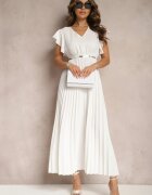 Rochie Evazată Albă cu pliuri Maxi cu volane la umeri Nethula
