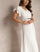  Rochie Evazată Albă cu pliuri Maxi cu volane la umeri Nethula