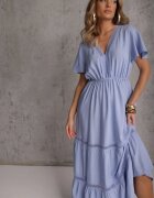  Rochie Evazată Maxi Albastru deschis cu elastic în talie și decolteu din dantelă Cheteia
