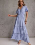  Rochie Evazată Maxi Albastru deschis cu elastic în talie și decolteu din dantelă Cheteia