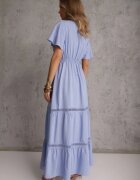  Rochie Evazată Maxi Albastru deschis cu elastic în talie și decolteu din dantelă Cheteia