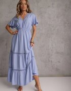  Rochie Evazată Maxi Albastru deschis cu elastic în talie și decolteu din dantelă Cheteia