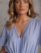  Rochie Evazată Maxi Albastru deschis cu elastic în talie și decolteu din dantelă Cheteia