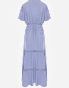  Rochie Evazată Maxi Albastru deschis cu elastic în talie și decolteu din dantelă Cheteia