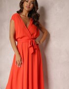  Rochie Evazată Maxi Portocalie cu Decolteu Petrecut și Curea Legată Hallona