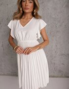  Rochie Evazată Midi Albă cu Pliuri la Bază Nairata