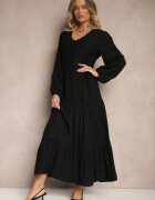  Rochie Evazată Neagră din Viscoză Decorată cu Inserții din Dantelă Gonolen