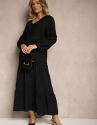  Rochie Evazată Neagră din Viscoză Decorată cu Inserții din Dantelă Gonolen