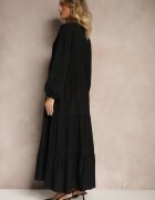  Rochie Evazată Neagră din Viscoză Decorată cu Inserții din Dantelă Gonolen