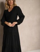  Rochie Evazată Neagră din Viscoză Decorată cu Inserții din Dantelă Gonolen