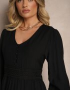  Rochie Evazată Neagră din Viscoză Decorată cu Inserții din Dantelă Gonolen