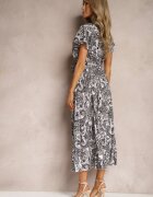  Rochie Evazată Negru-Albă cu Decolteu Triunghiular cu Curea din Material și Elastic în Talie Carimi