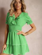  Rochie Evazată Verde cu elastic în talie și volane decorative la decolteu Arcidia