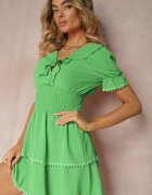  Rochie Evazată Verde cu elastic în talie și volane decorative la decolteu Arcidia