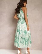  Rochie Evazată Verde cu Flori și Cordon Ademora
