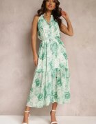  Rochie Evazată Verde cu Flori și Cordon Ademora