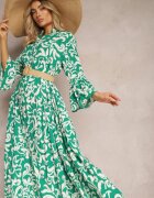  Rochie Evazată Verde din Viscoză cu Model Ornamental Irlilena