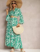  Rochie Evazată Verde din Viscoză cu Model Ornamental Irlilena
