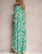  Rochie Evazată Verde din Viscoză cu Model Ornamental Irlilena
