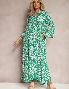  Rochie Evazată Verde din Viscoză cu Model Ornamental Irlilena