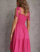  Rochie Fucsia din bumbac cu bretele cu elastic în talie cu croială evazată Holfea