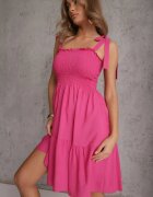  Rochie Fucsia din bumbac cu bretele cu elastic în talie cu croială evazată Holfea