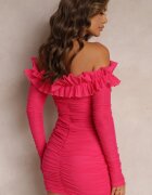  Rochie Fucsia Mulată Spaniolă din Placă și cu Volan Sprlia