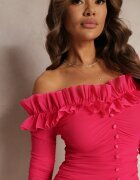  Rochie Fucsia Mulată Spaniolă din Placă și cu Volan Sprlia