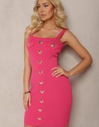  Rochie Fucsia Reiată pe Bretele cu Nasturi Aliniați