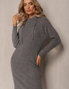  Rochie Gri închis de lână în dungi cu glugă Opiuda