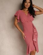  Rochie înfășurată roz închis cu decolteu în V și volane Holana