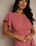  Rochie înfășurată roz închis cu decolteu în V și volane Holana