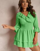  Rochie Kopertowa Verde cu Volan Decorativ și Elastic în Talie Tesora