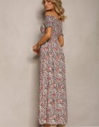  Rochie lungă Negru-Roz din bumbac spaniolă cu model floral Nrosa