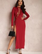  Rochie Maxi Bordo cu legătură asimetrică tip corset Gelka