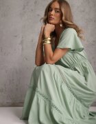  Rochie Mentă Evazată Maxi cu elastic în talie și decolteu din dantelă Cheteia