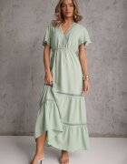  Rochie Mentă Evazată Maxi cu elastic în talie și decolteu din dantelă Cheteia