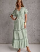 Rochie Mentă Evazată Maxi cu elastic în talie și decolteu din dantelă Cheteia