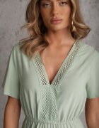  Rochie Mentă Evazată Maxi cu elastic în talie și decolteu din dantelă Cheteia